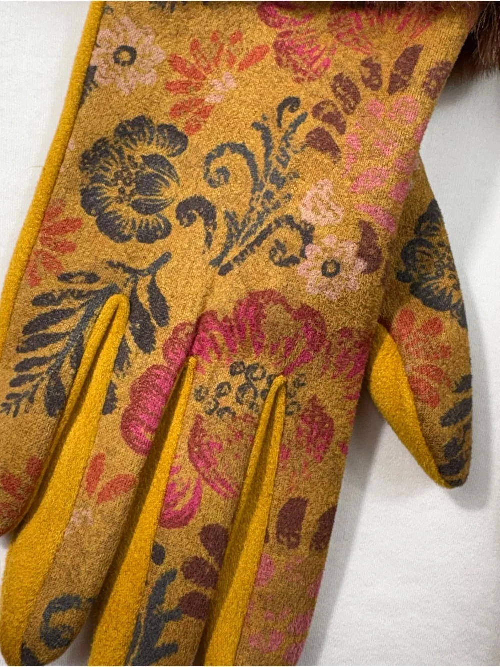 Powder UK Bernadette Fur Cuff Mustard Floral Suede Gloves Art Deco Eccentricity